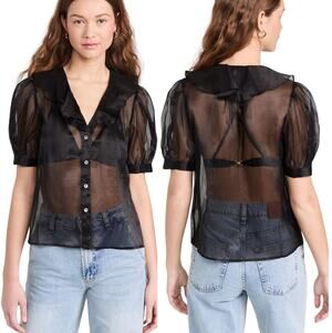 NWT Lingua Franca Sheer Ruffle Edges Short Sleeve Odette Top Black Size: Large